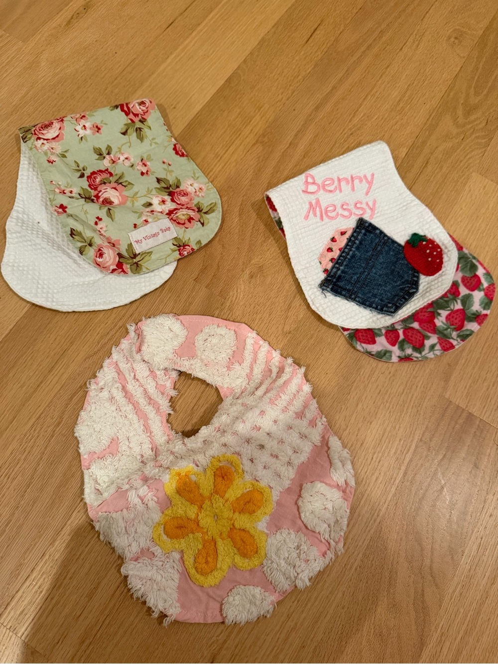 My Vintage Baby & Handmade Baby Bib Set – 3 Floral & Strawberry Burp Bibs